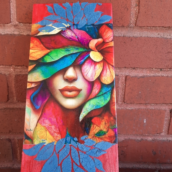 Hand Crafted Other - A colorful women in a field of flowers, wall hanging wood art mixmedia